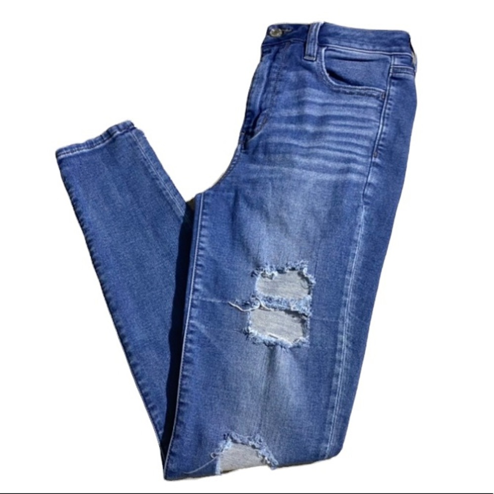 American Eagle Distressed Super High Rise Jegging - Medium Blue Wash - size 4